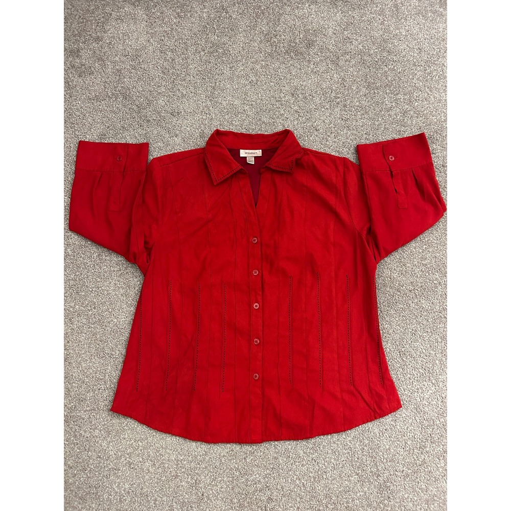 Dressbarn Button Down Shirt Womens 14/16 Red Excellent Faux Suede Pintuck Blouse